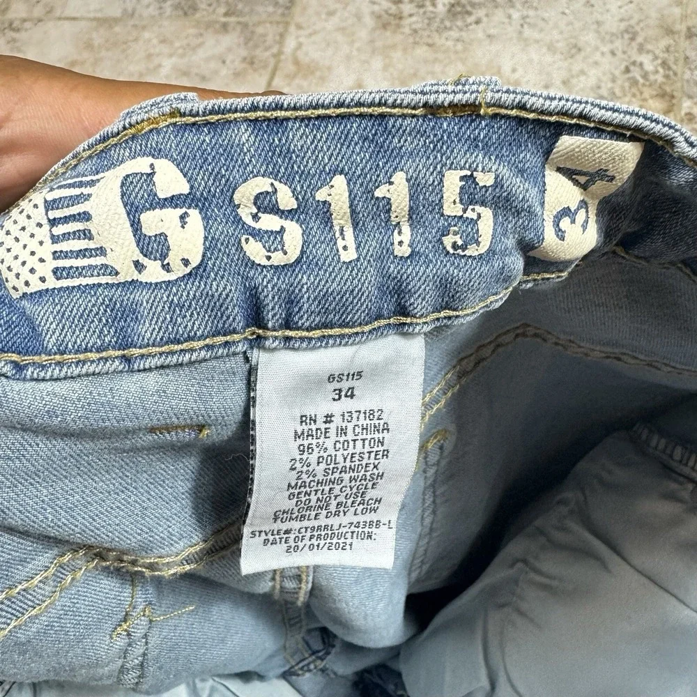 GS115 Denim Jeans Men's 34x31 Blue Factory Distressed 100% Cotton‎ Studded